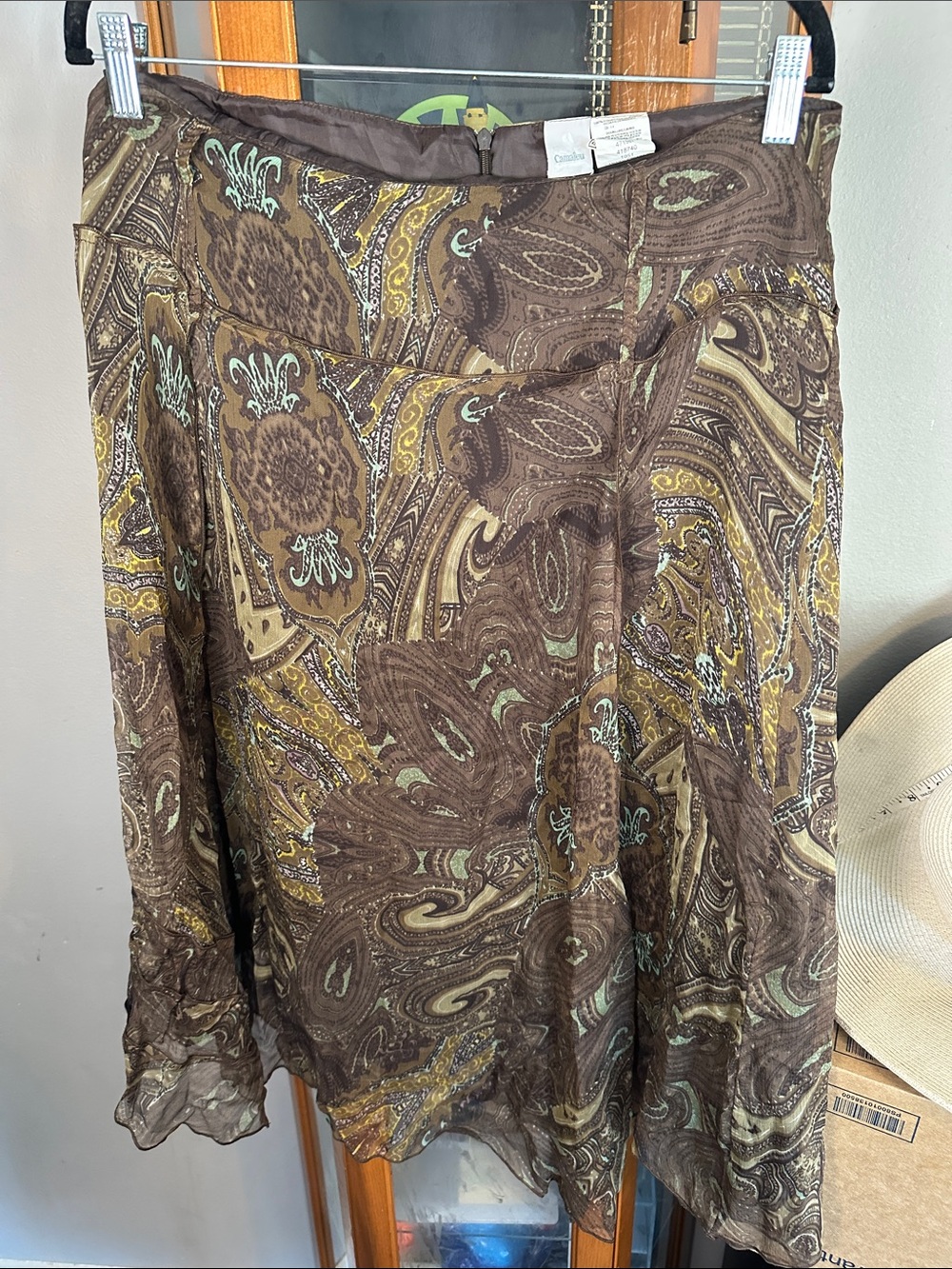 Brown Paisley A-Line Skirt with Mint Accents